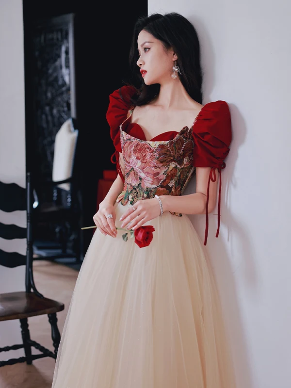 Vintage / Retro Burgundy Printing Prom Dresses 2022 A-Line / Princess Square Neckline Puffy Short Sleeve Backless Bow Floor-Length / Long Prom Formal Dresses