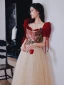 Vintage / Retro Burgundy Printing Prom Dresses 2022 A-Line / Princess Square Neckline Puffy Short Sleeve Backless Bow Floor-Length / Long Prom Formal Dresses