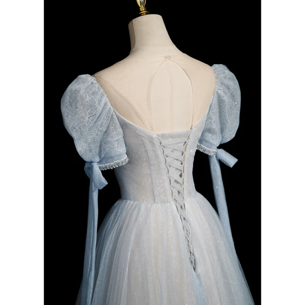 Chic / Belle Bleu Ciel Perlage Faux Diamant Paillettes Robe De Bal 2023 Princesse Encolure Carrée Manches Courtes Dos Nu Longue Robe De Ceremonie