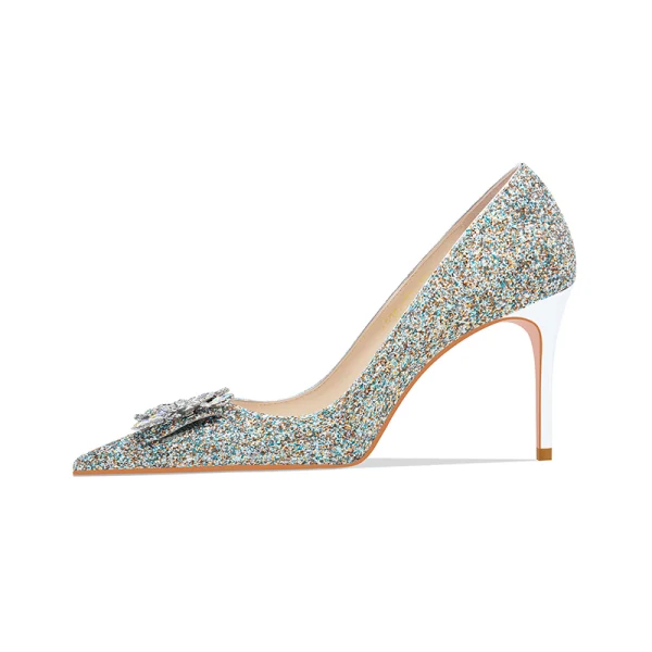 Scintillantes Paillettes Faux Diamant Argenté Chaussure De Mariée 2022 Cuir 8 cm Talons Aiguilles À Bout Pointu Mariage Escarpins Talons Hauts