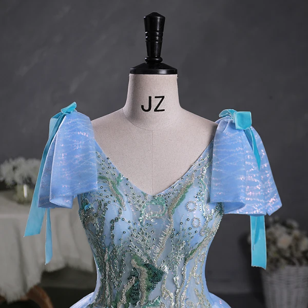 Fashion Sky Blue Beading Sequins Prom Dresses 2023 Ball Gown V-Neck Bow Short Sleeve Backless Floor-Length / Long Prom Formal Dresses