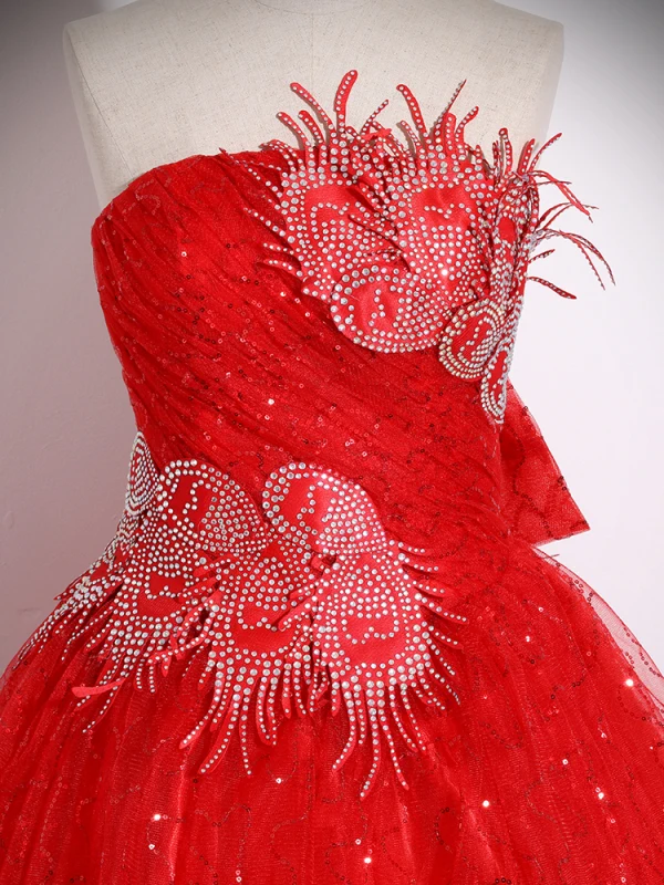 Schöne Rot Strass Pailletten Ballkleider 2024 Ballkleid Bandeau Ärmellos Rückenfreies Schleife Lange Ball Festliche Kleider