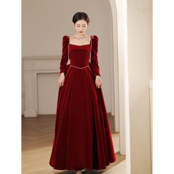long red winter formal dresses Bright Red Long Sleeves V-neck High Slit Formal Dresses , CP0034