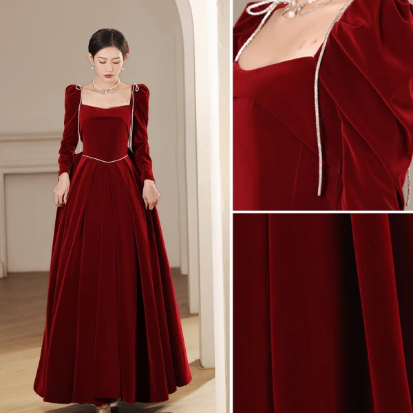 Elegant Burgundy Velour Winter Prom Dresses 2023 A-Line / Princess Square Neckline Pearl Long Sleeve Backless Bow Floor-Length / Long Prom Formal Dresses