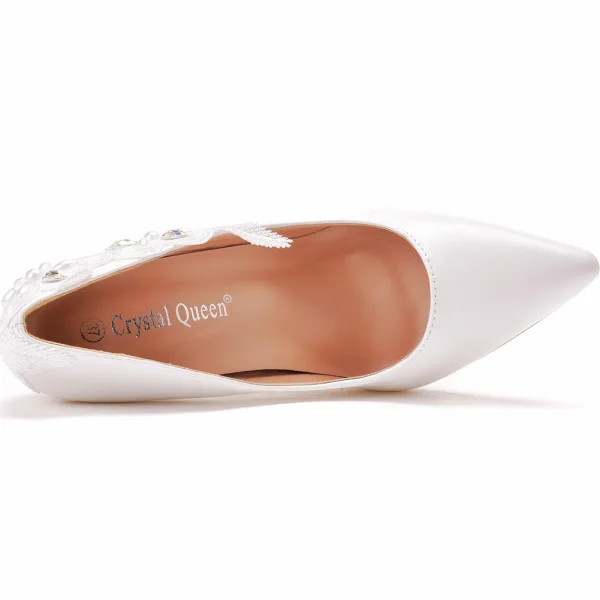 Blanche Élégant Faux Diamant En Dentelle Fleur Chaussure De Mariée 2022 9 cm Talons Aiguilles À Bout Pointu Mariage Escarpins Talons Hauts