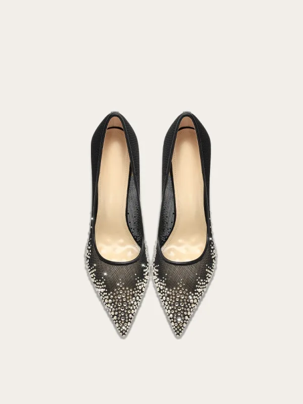 Charming Black See-through Rhinestone Prom Pumps 2025 Leather 10 cm Stiletto Heels Pointed Toe Pumps High Heels