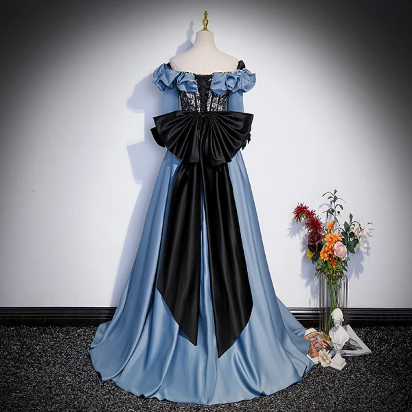 Elegante Blauw Galajurken 2023 A lijn Ruche Uit De Schouder Korte Mouwen Ruglooze Strik Lange Gala Gelegenheid Jurken