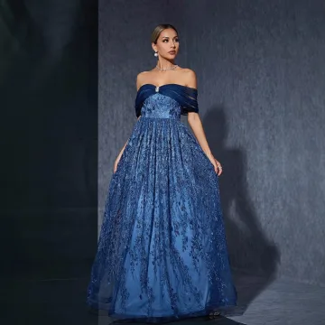 Vintage Originale Océan Bleu En Dentelle Fleur Robe De Bal 2025 Princesse De L Épaule Sans Manches Dos Nu Longue Promo Robe De Ceremonie