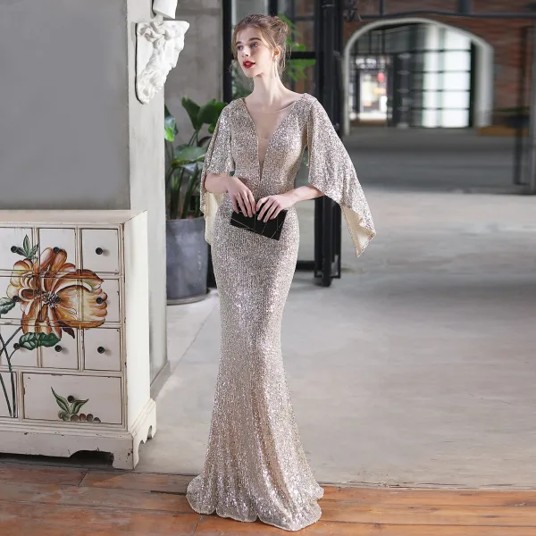 Sparkly Black Sequins Evening Dresses 2022 Trumpet / Mermaid Scoop Neck 1/2 Sleeves Floor-Length / Long Evening Party Formal Dresses