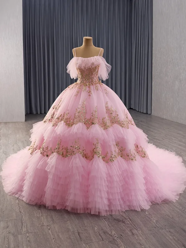 Luxury / Gorgeous Blushing Pink Beading Sequins Prom Dresses 2025 Ball Gown Spaghetti Straps Sleeveless Backless Chapel Train Prom Formal Dresses