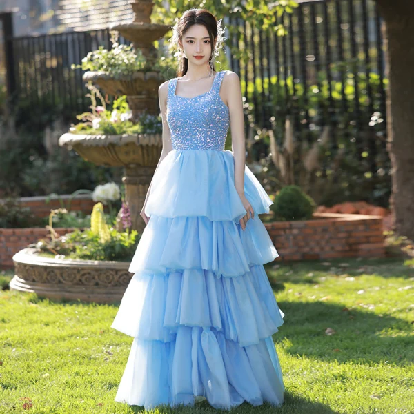 Lovely Blushing Pink Cascading Ruffles Sequins Prom Dresses 2023 A-Line Princess Straps Lovely Blushing Pink Cascading Ruffles Sequins Prom Dresses 2023 A-Line Princess Straps