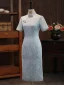 Chinese style Sky Blue Silk Printing Evening Party Cheongsam 2024 Trumpet / Mermaid High Neck Short Sleeve Tea-length