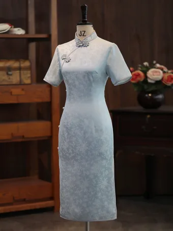 Vintage Retro Sky Blue Pearl Printing Split Front Cheongsam 2026 Trumpet Mermaid High Neck Short Sleeve Tea Length
