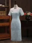 Vintage / Originale Bleu Ciel Perle Impression Fendue devant Cheongsam 2026 Trompette / Sirène Col Haut Manches Courtes Thé Longueur