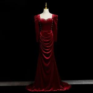 Vintage Retro Burgundy Rhinestone Velvet Prom Dresses 2025 Trumpet Mermaid Spaghetti Straps Long Sleeve Backless Sweep Train Formal Dresses