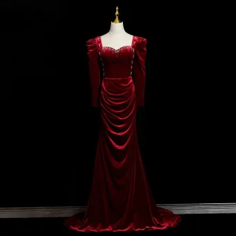 Vintage Originale Bordeaux Faux Diamant Velours Robe De Bal 2025 Trompette Sirène Bretelles Spaghetti Manches Longues Dos Nu Train De Balayage Robe De Ceremonie