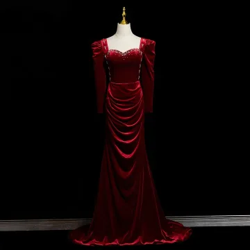 Vintage Retro Burgundy Rhinestone Velvet Prom Dresses 2025 Trumpet Mermaid Spaghetti Straps Long Sleeve Backless Sweep Train Formal Dresses