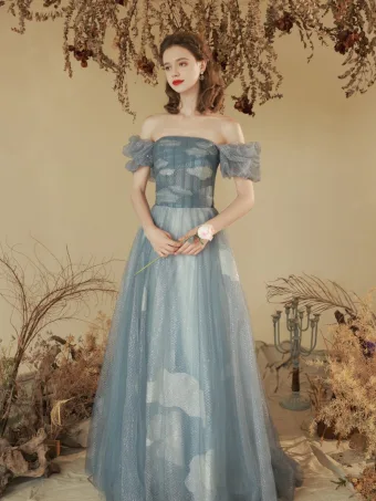 Chic Belle Bleu Ciel Glitter Perlage Paillettes Perle Robe De Bal 2023 Princesse De L Épaule Manches Courtes Dos Nu Longue Promo Robe De Ceremonie