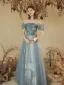 Chic / Beautiful Sky Blue Glitter Beading Sequins Pearl Prom Dresses 2023 A-Line / Princess Off-The-Shoulder Short Sleeve Backless Floor-Length / Long Prom Formal Dresses