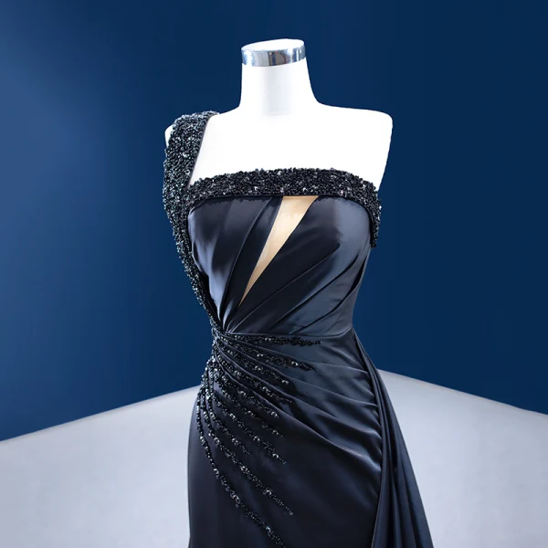 Haut de Gamme Charmant Noire Fait main Perlage Paillettes Robe De Soirée 2022 Trompette / Sirène Une épaule Sans Manches Dos Nu Chapel Train Soirée Robe De Ceremonie