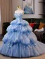 Charming Sky Blue Pearl Appliques Cascading Ruffles Prom Dresses 2025 Ball Gown Strapless Sleeveless Backless Sweep Train Formal Dresses