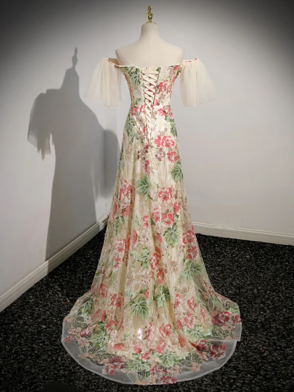 Schöne Multifarben Spitze Blumen Perlenstickerei Perle Pailletten Ballkleider 2023 Off Shoulder A Linie Kurze Ärmel Rückenfreies Lange Festliche Kleider