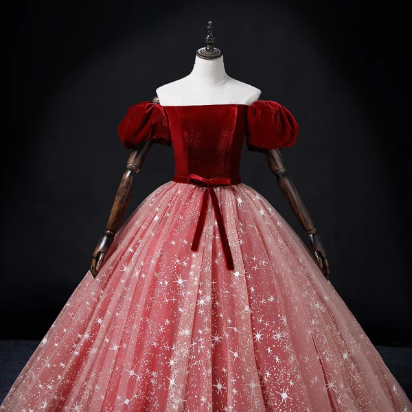 Elegant Burgundy Prom Dresses 2022 Ball Gown Off-The-Shoulder Puffy Short Sleeve Bow Sash Backless Floor-Length / Long Formal Dresses