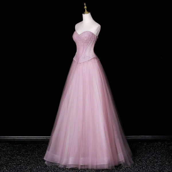 Lovely Blushing Pink Pearl Sequins Prom Dresses 2026 A-Line / Princess Strapless Sleeveless Backless Floor-Length / Long Formal Dresses