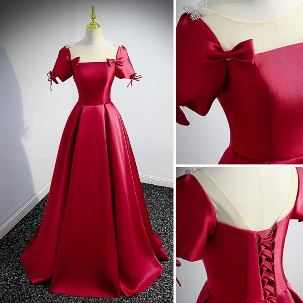 Elegant Burgundy Satin Prom Dresses 2022 A-Line / Princess Scoop Neck Short Sleeve Backless Bow Floor-Length / Long Formal Dresses