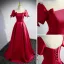 Elegant Burgundy Satin Prom Dresses 2022 A-Line / Princess Scoop Neck Short Sleeve Backless Bow Floor-Length / Long Formal Dresses