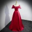 Elegant Burgundy Satin Prom Dresses 2022 A-Line / Princess Scoop Neck Short Sleeve Backless Bow Floor-Length / Long Formal Dresses
