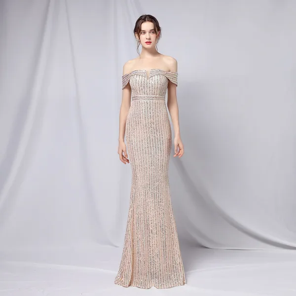 Charming Black Gold Sequins Evening Dresses 2022 Trumpet / Mermaid Off-The-Shoulder Short Sleeve Backless Floor-Length / Long Evening Party Formal Dresses