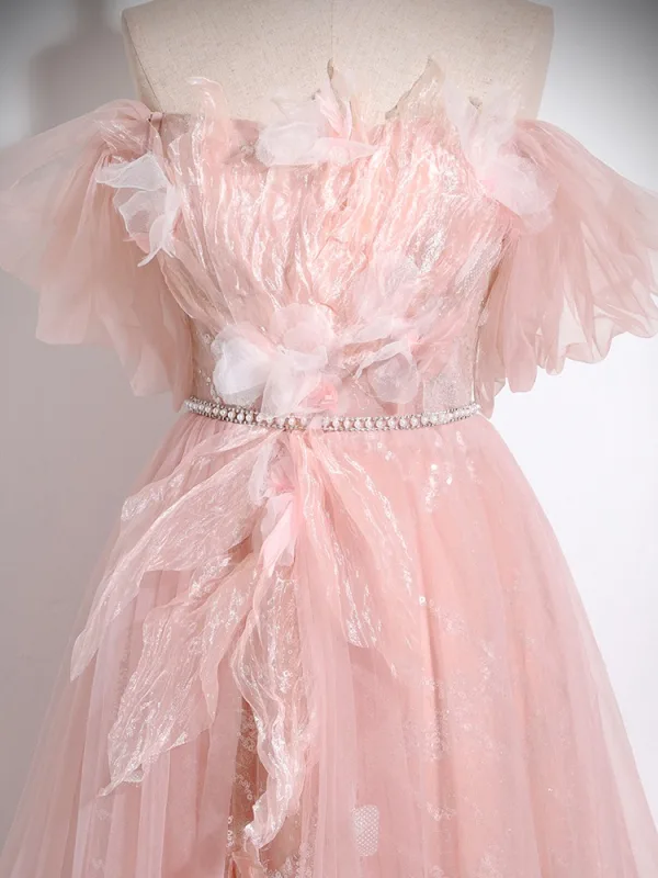 Schöne Rosa Perlenstickerei Applikationen Gespaltete Front Ballkleider 2024 Ballkleid Off Shoulder Kurze Ärmel Rückenfreies Lange Ball Festliche Kleider