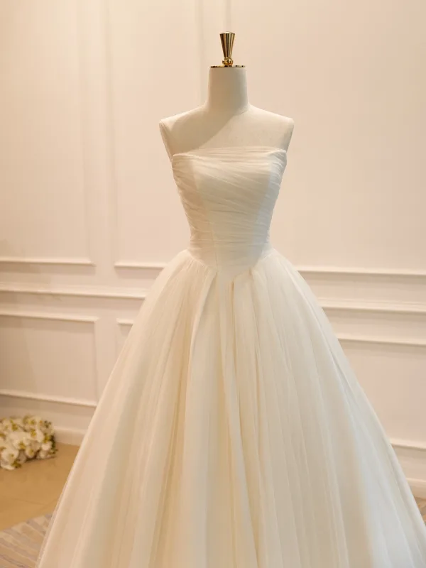 Schlicht High End Weiß Satin Brautkleider / Hochzeitskleider 2026 A Linie Bandeau Ärmellos Rückenfreies Lange