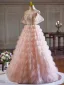 Haut de Gamme Rougissant Rose Perlage Perle Faux Diamant Volants en Cascade Robe De Bal 2024 Robe Boule De l'épaule Sans Manches Dos Nu Longue Promo Robe De Ceremonie
