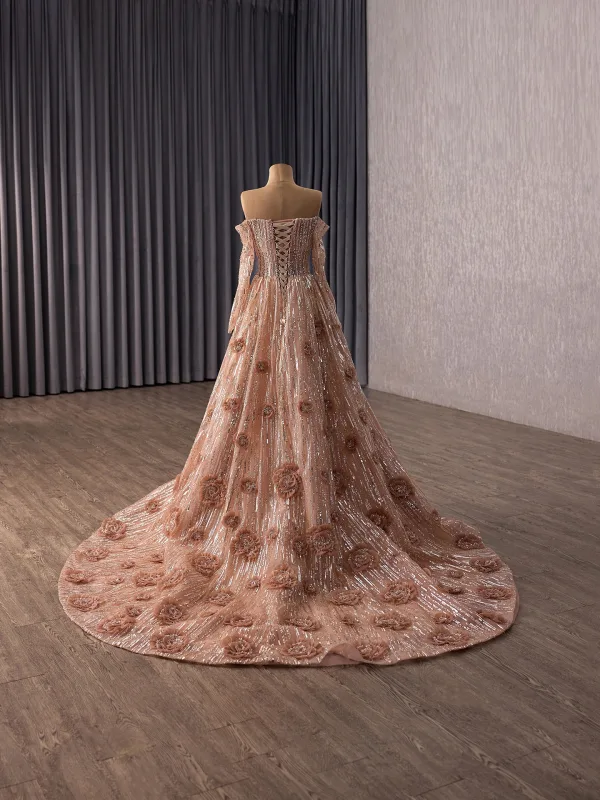 Luxus / Herrlich Glitzernden Rosa Handgefertigt Perlenstickerei Applikationen Pailletten Abendkleider 2026 A Linie Off Shoulder Lange Ärmel Rückenfreies Sweep / Pinsel Zug Abend