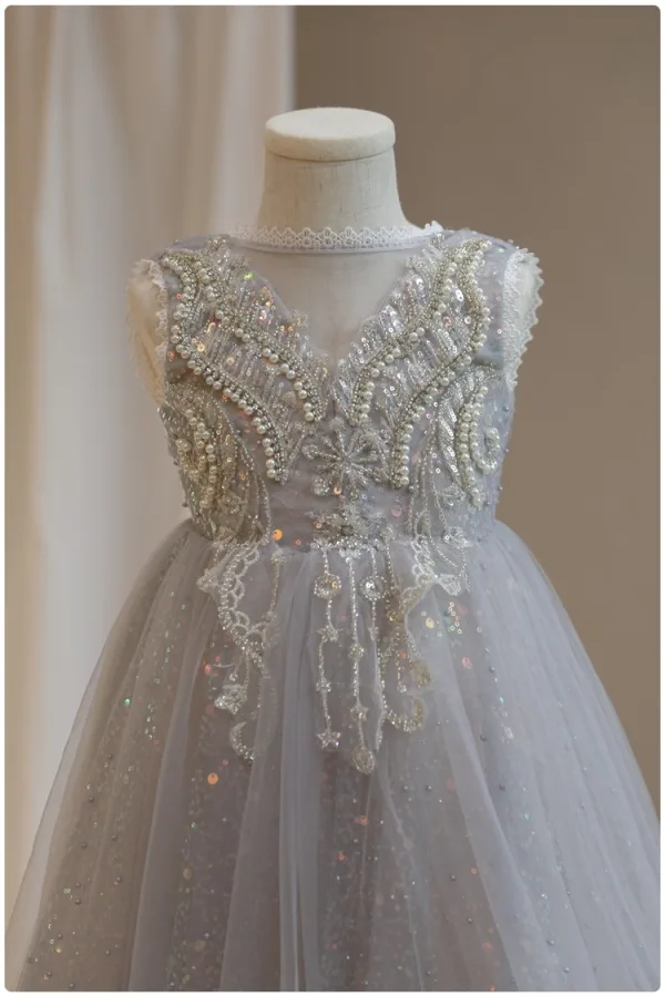 Bling Bling Grey Beading Pearl Sequins Birthday Flower Girl Dresses 2024 A-Line / Princess Scoop Neck Sleeveless Backless Bow Floor-Length / Long Tulle