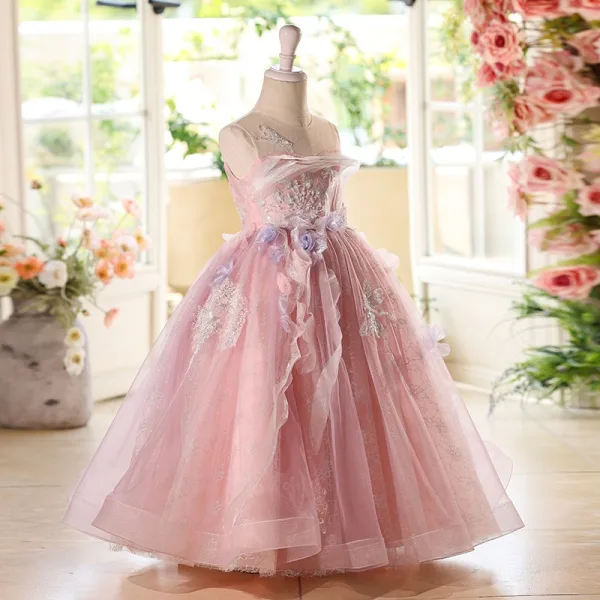 Chic / Beautiful Blushing Pink Appliques Lace Flower Birthday Flower Girl Dresses 2025 Ball Gown Scoop Neck Sleeveless Backless Floor-Length / Long