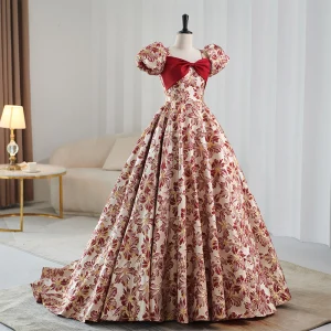 Elegant Burgundy Printing Prom Dresses 2023 Ball Gown Square Neckline Bow Short Sleeve Backless Sweep Train Prom Formal Dresses