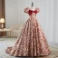 Elegant Burgundy Printing Prom Dresses 2023 Ball Gown Square Neckline Bow Short Sleeve Backless Sweep Train Prom Formal Dresses