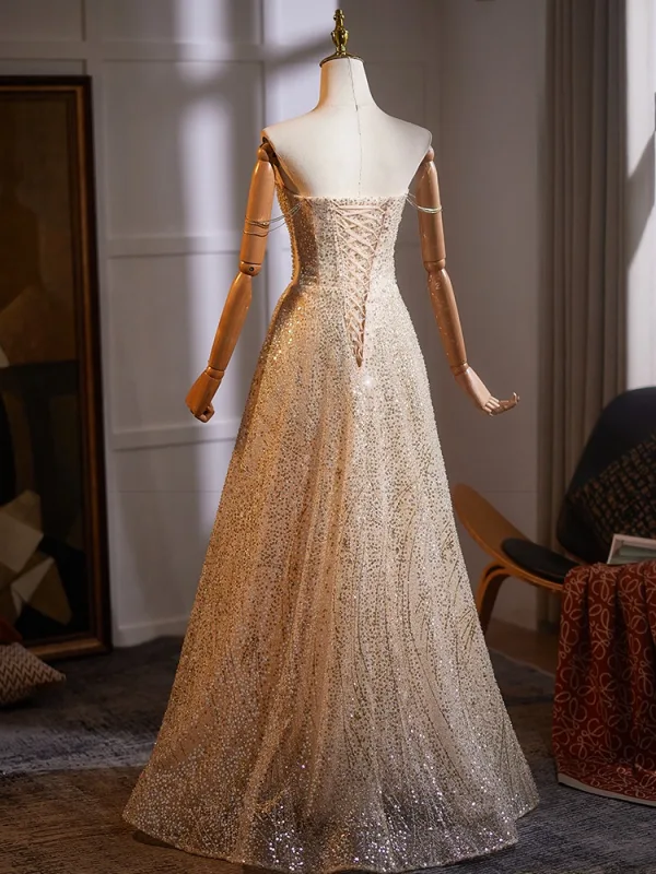 Glitzernden Champagner Perlenstickerei Pailletten Ballkleider 2025 A Linie Bandeau Ärmellos Rückenfreies Lange Tülle Festliche Kleider