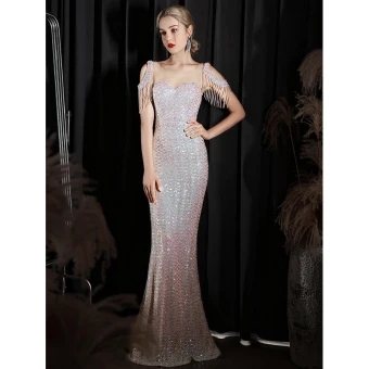 Sparkly Beige Sequins Evening Dresses 2022 Trumpet Mermaid Scoop Neck Beading Tassel Sleeveless Backless Floor Length Long Evening Party Formal Dresses