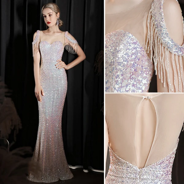 Sparkly Beige Sequins Evening Dresses 2022 Trumpet / Mermaid Scoop Neck Beading Tassel Sleeveless Backless Floor-Length / Long Evening Party Formal Dresses