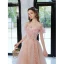 Chic / Beautiful Blushing Pink Ruffle Prom Dresses 2022 A-Line / Princess Off-The-Shoulder Short Sleeve Backless Floor-Length / Long Formal Dresses