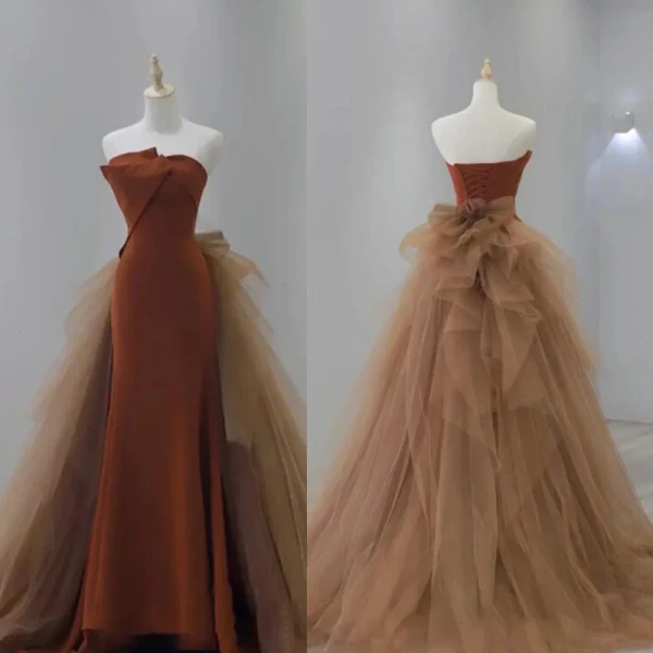 Sexy Burgundy Evening Dresses 2023 Trumpet / Mermaid Off-The-Shoulder Sleeveless Backless Bow Sweep Train Evening Party Formal Dresses