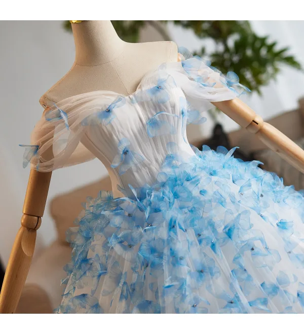 Flower Fairy White Appliques Wedding Dresses 2025 Ball Gown Off-The-Shoulder Short Sleeve Backless Floor-Length / Long