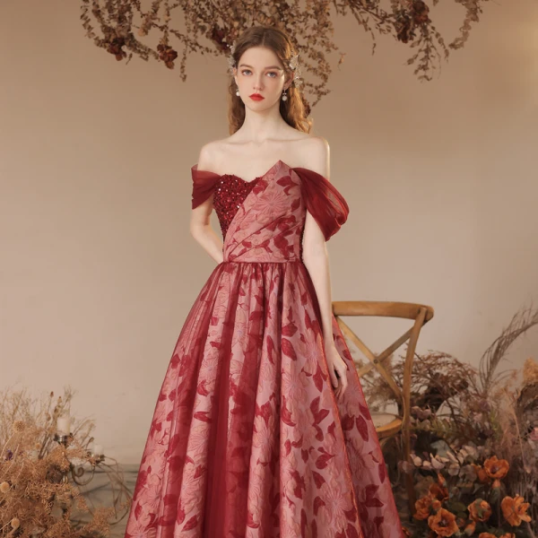 Chic / Beautiful Burgundy Sequins Printing Prom Dresses 2023 A-Line / Princess Off-The-Shoulder Short Sleeve Backless Floor-Length / Long Formal Dresses