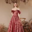 Chic / Beautiful Burgundy Sequins Printing Prom Dresses 2023 A-Line / Princess Off-The-Shoulder Short Sleeve Backless Floor-Length / Long Formal Dresses
