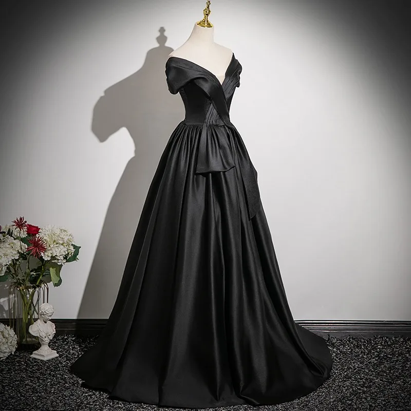 Elegant Black Satin Prom Dresses 2025 A Line Princess Off The Shoulder  Short Sleeve Backless Floor Length Long Prom Formal Dresses