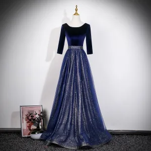 Vintage Retro Ocean Blue Sequins Prom Dresses 2026 A Line Princess Square Neckline 3 4 Sleeve Backless Tulle